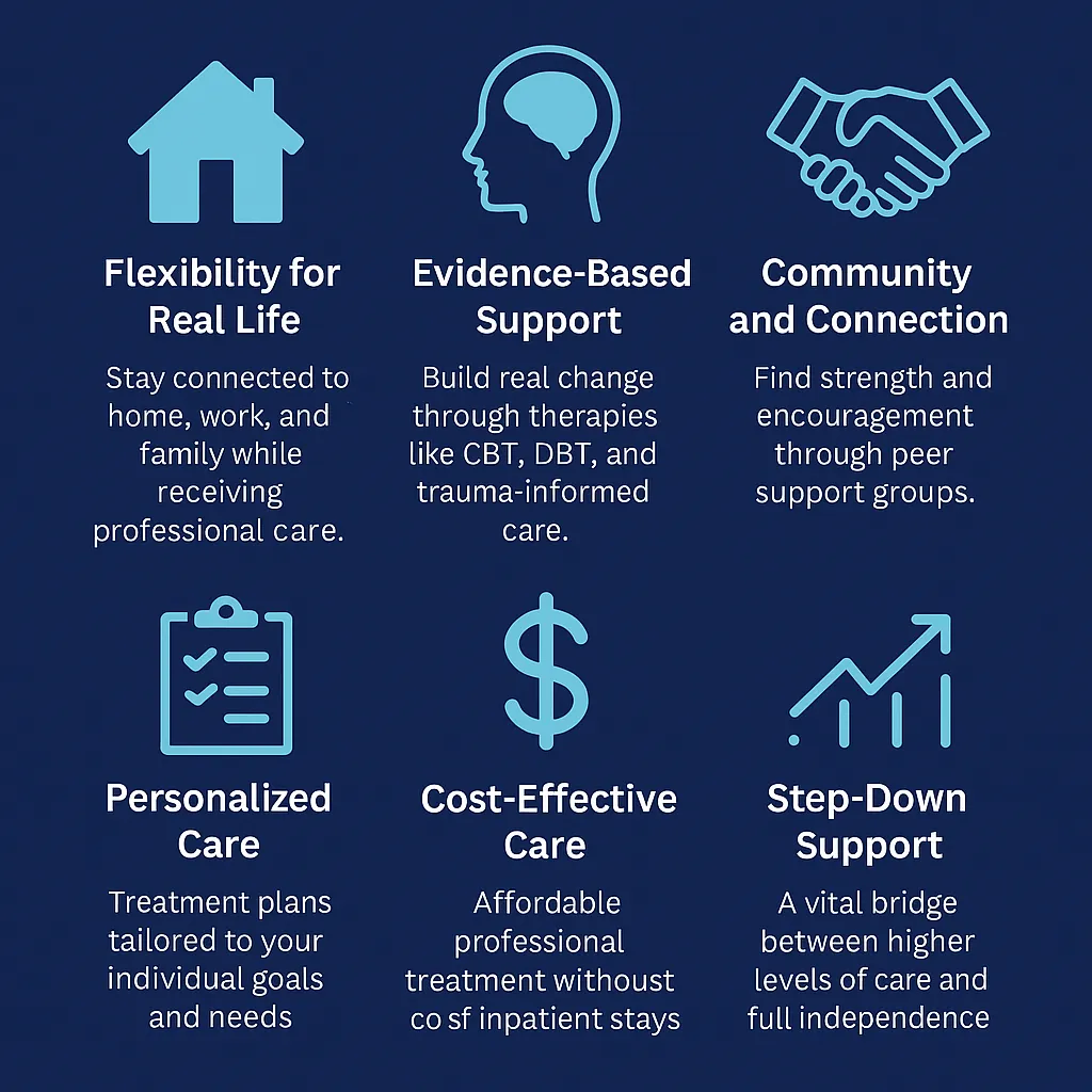 six key benefits of Intensive Outpatient (IOP) treatment: flexibility, evidence-based support, community connection, personalized care, cost-effectiveness, and step-down support, with icons and short descriptions on a navy blue background