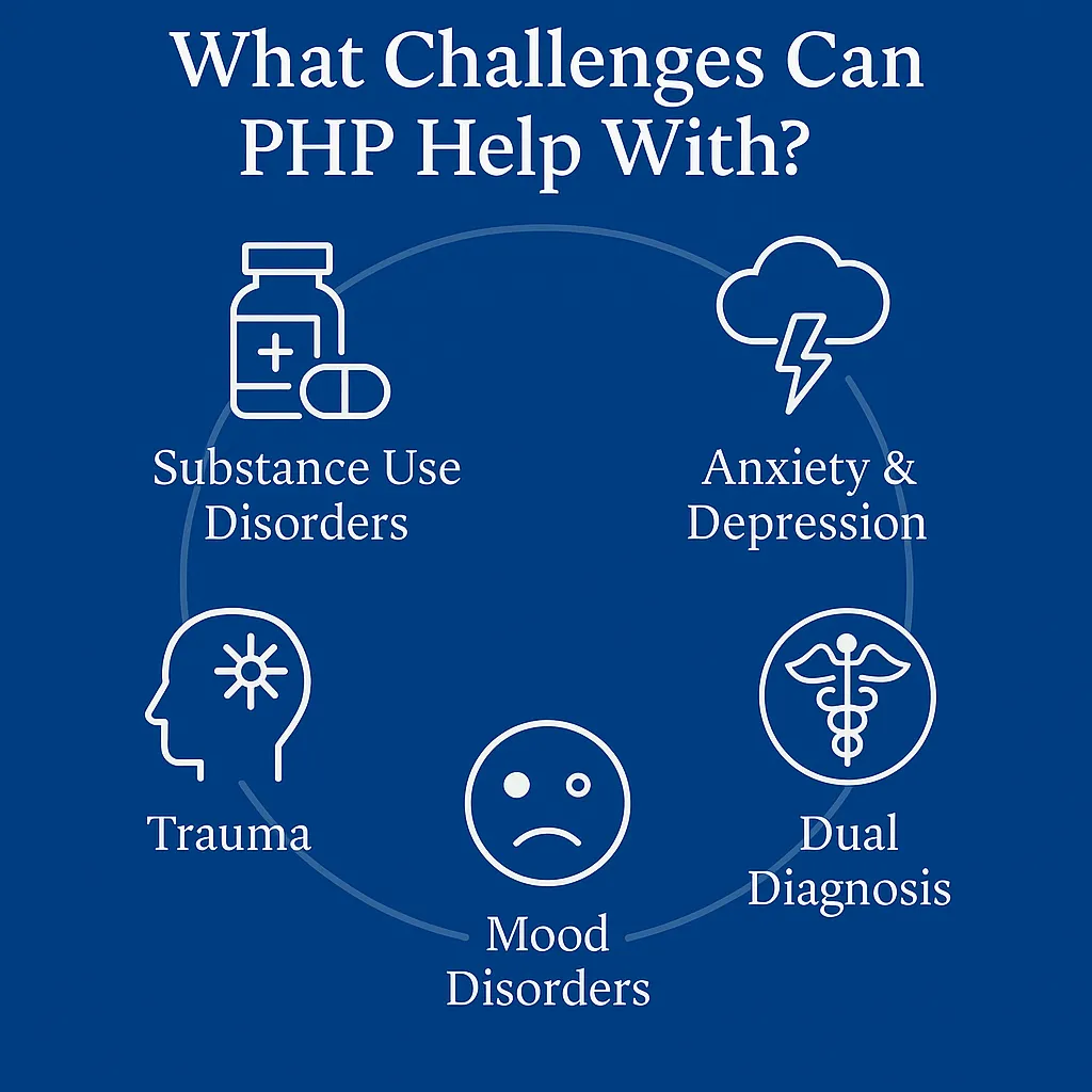 What Challenges Can PHP Help With?' featuring five labeled icons: Substance Use Disorders, Anxiety & Depression, Trauma, Mood Disorders, and Dual Diagnosis. The icons are arranged in a circle on a blue background to represent the range of issues treated in a Partial Hospitalization Program